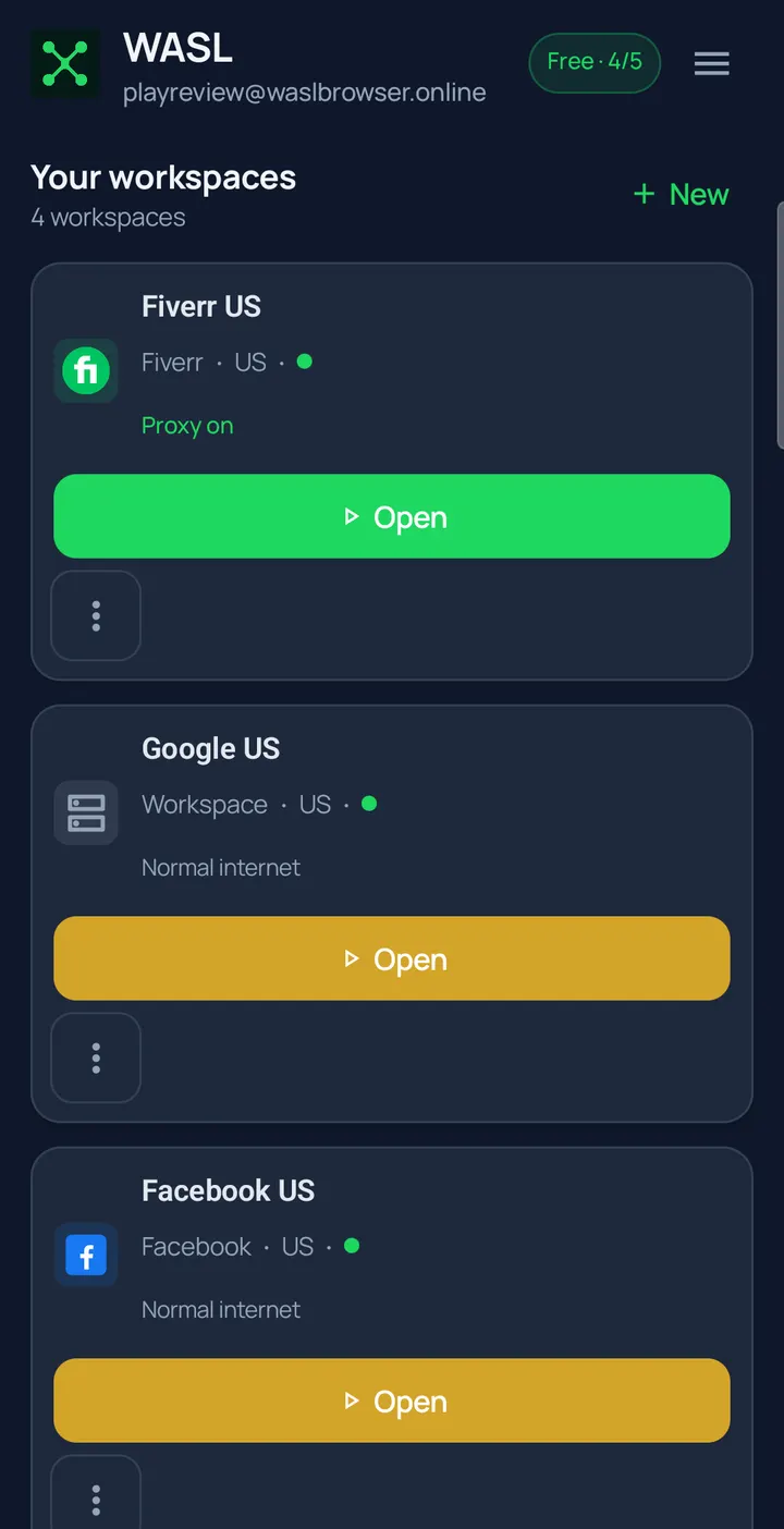 WASL Browser workspace list with Fiverr US, Google US, and Facebook US cards