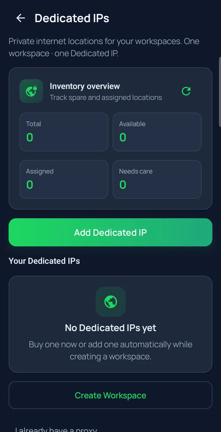 WASL Browser dedicated proxy screen with inventory counts