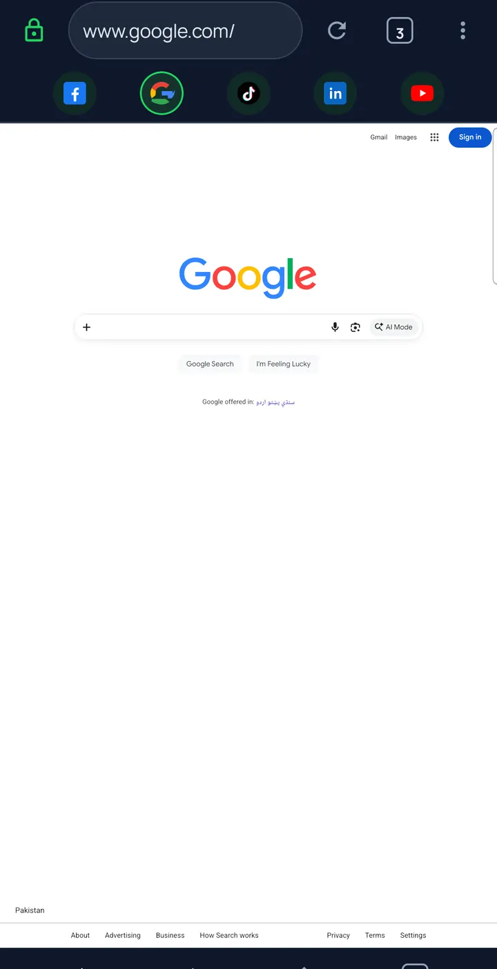 WASL Browser workspace with address bar and quick bookmark bubbles for Facebook, Google, TikTok, LinkedIn, and YouTube